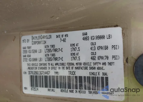 2003 Dodge Ram 2500 Slt/Laramie/St z USA, uszkodzony, nr VIN 3D7KU28613G714467